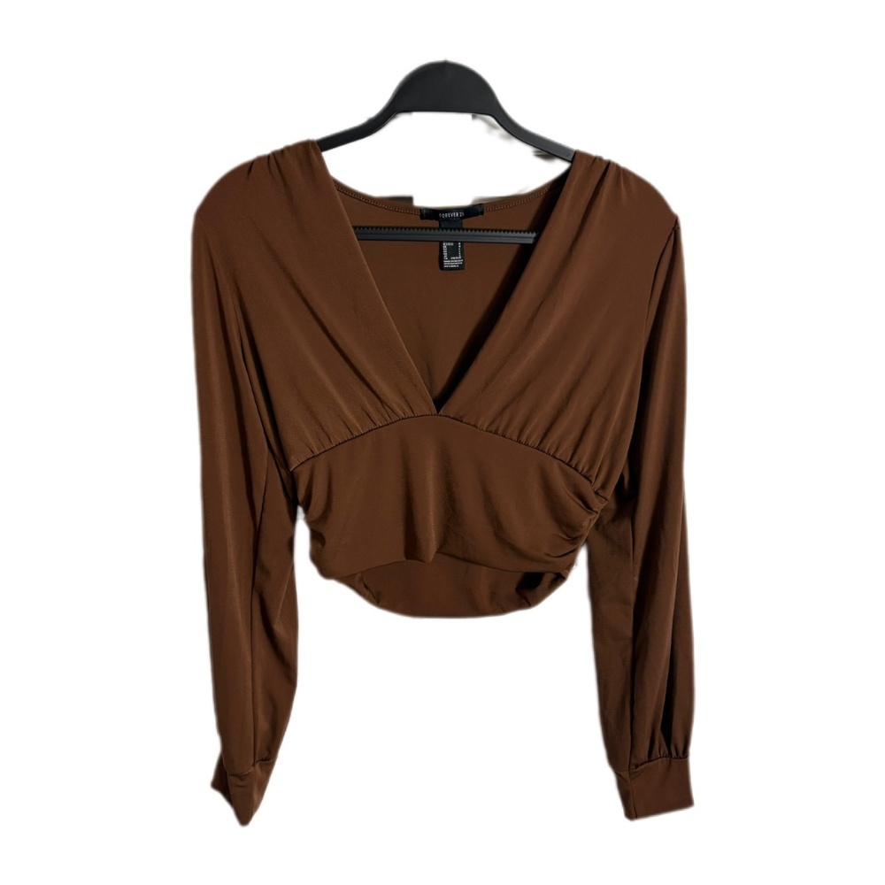 Forever 21 Women’s SZ L Dark Brown Crop Top Long Sleeve Deep VNeck Top